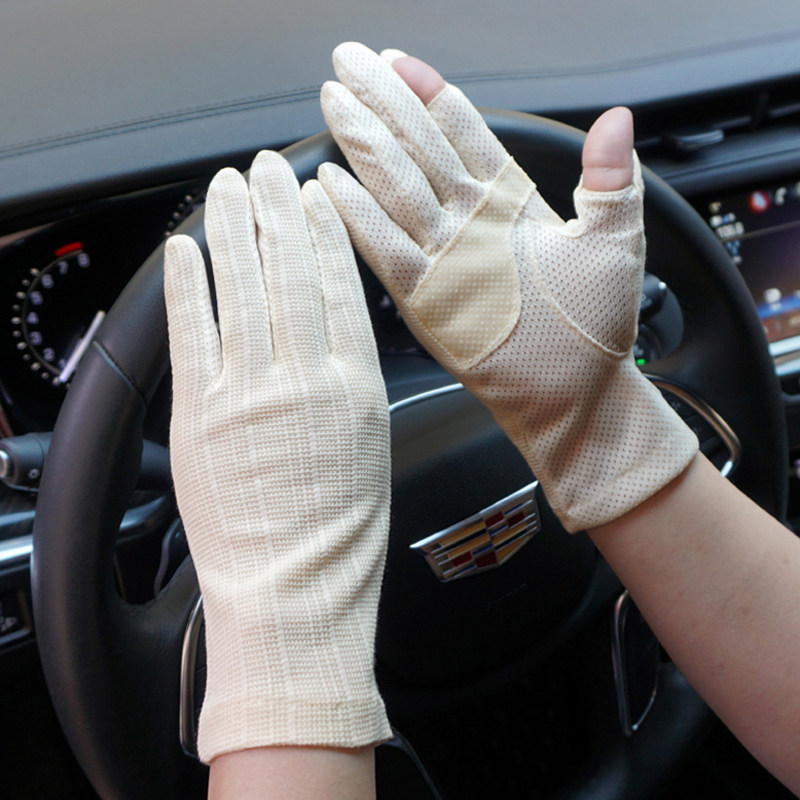 欧伊莱米夏季女士防晒紫外线手套开车触摸屏棉质蕾丝冰丝骑行薄款