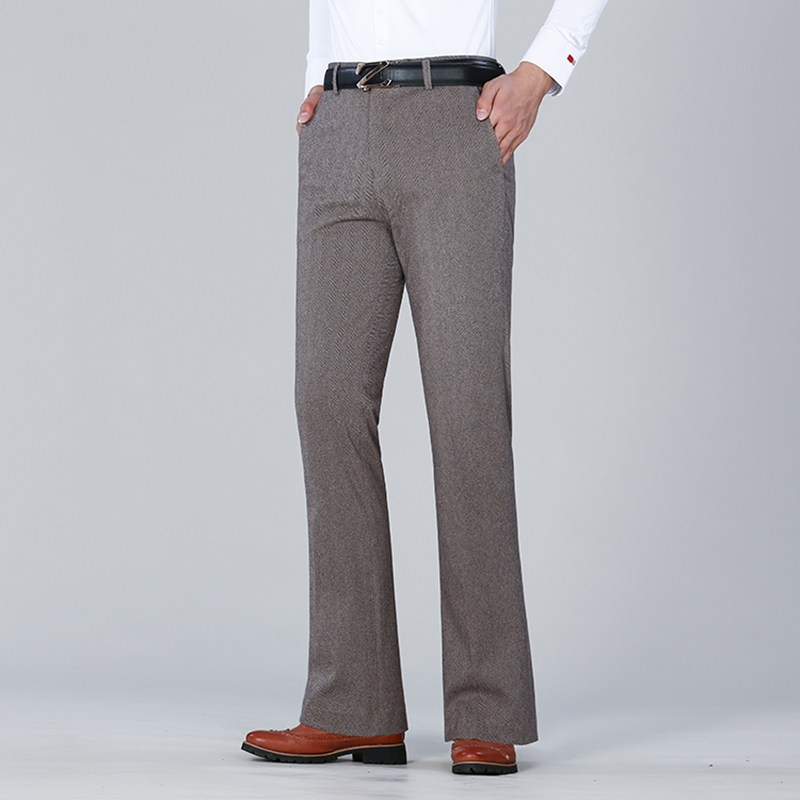 冬季弹力人字纹喇叭裤男商务休闲厚款大脚西装裤青年休闲加绒西裤