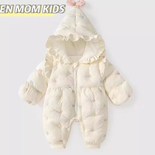 婴儿衣服冬装新生女宝宝加绒夹棉连体衣满月百天连帽哈衣冬季