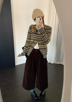 现货牛奶丝八分阔腿裤HZH灯芯绒加厚面料松紧设计直筒显瘦休闲裤