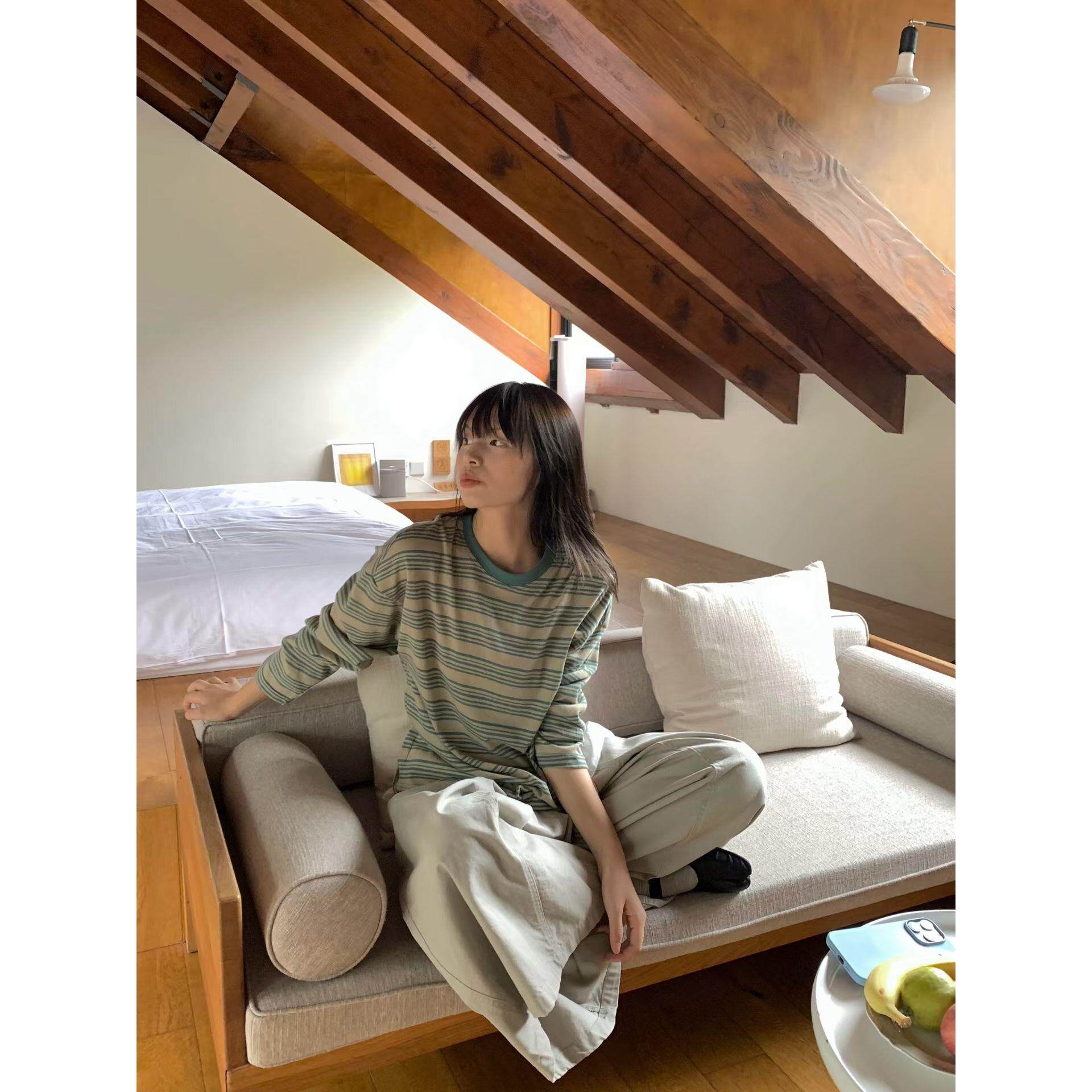 HZH 早秋新款清新慵懒绿条纹防晒罩衫女宽松休闲显瘦长袖T恤T8151