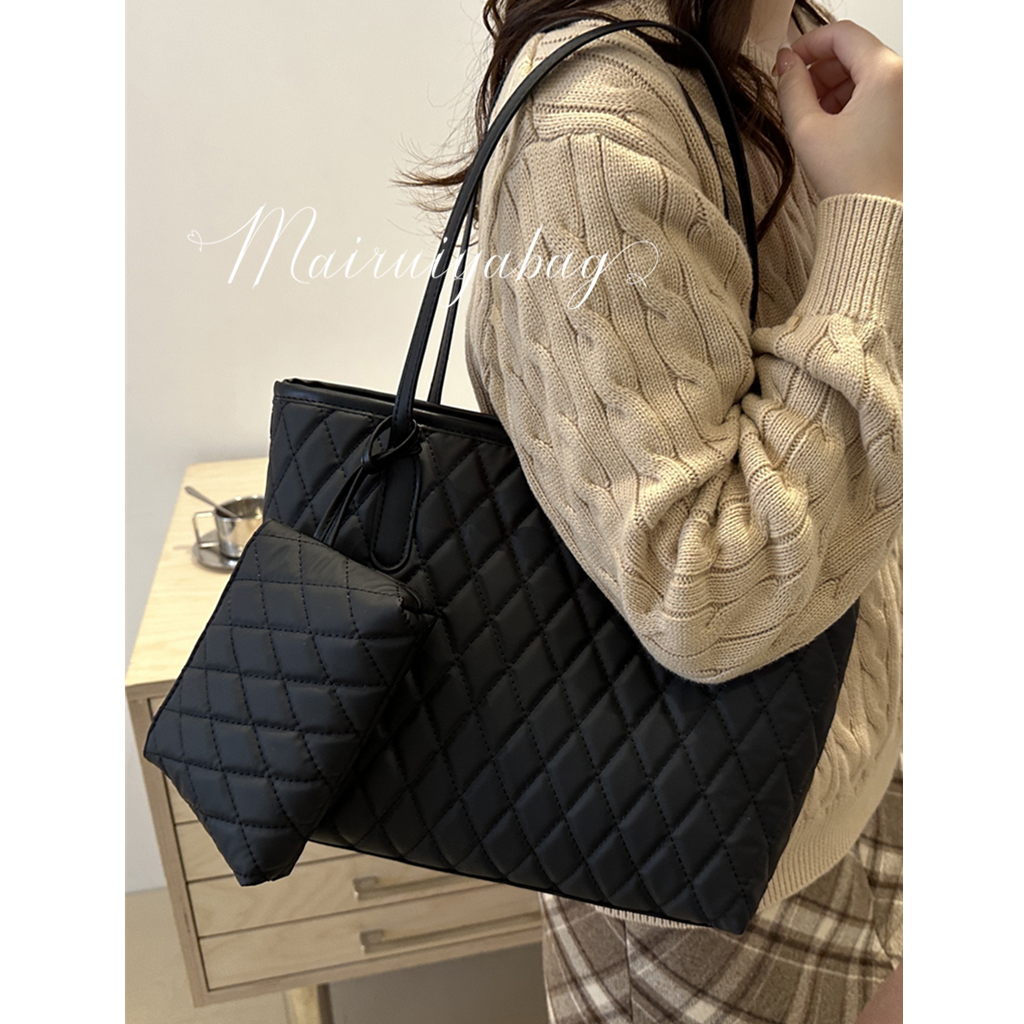 大容量菱格子母复古质感托特包