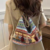 托特包斜挎包大容量民族风新款 包包单肩流苏三用帆布水桶双肩包