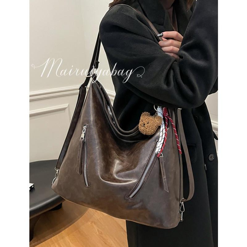 复古双肩包包女秋季2024新款潮时尚韩托特包休闲大容量背包水桶包