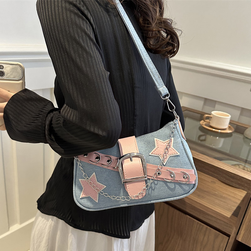 麦瑞雅韩国复古牛仔布链条腋下包