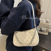 粉色蝴蝶法棍包包女2025新款 珍珠金属链菱格腋下包休闲单肩斜挎包