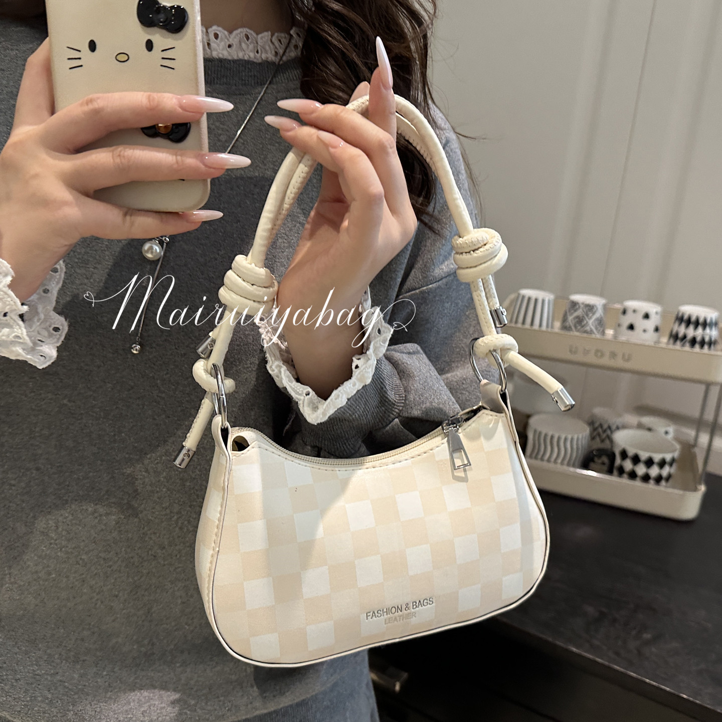 格子潮流行时尚百搭单肩腋下包
