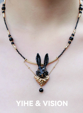 YIHE弋禾原创设计【金须兔】小众黑玛瑙串珠黑暗调绅士感陶瓷项链