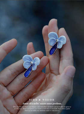 YIHE原创设计【蓝蝴蝶】小众气质花卉复古手绘蓝色陶瓷925银耳钉