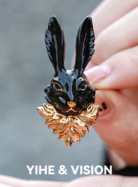 YIHE弋禾原创设计【金须兔】黑兔小众黑暗调绅士感陶瓷开口戒指