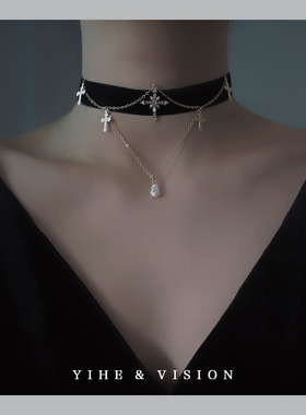 YIHE 原创设计精致性感锆石十字架长款黑色丝绒choker颈链