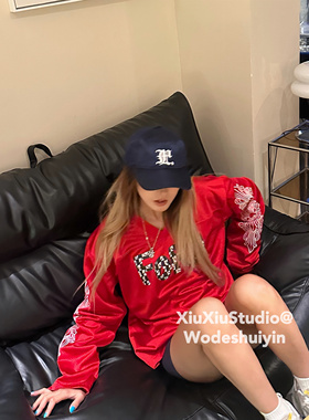 25ss xiuxiustudio自主涂鸦印花高级冰球v领网眼字母长袖T恤上衣