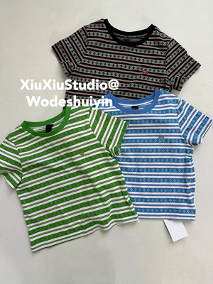 xiuxiustudio 三色自主条纹海军提花刺绣短袖T恤女休闲显瘦上衣潮