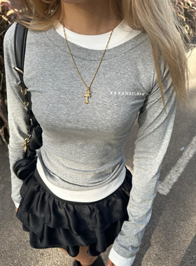 Xiuxiustudio设计感假两件圆领长袖t恤女秋冬新款收腰内搭打底衫