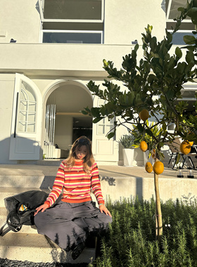 xiuxiustudio 秋冬彩虹条纹圆领打底毛衣韩系甜美针织衫潮