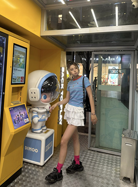 xiuxiustudio时尚百搭自主复古红蓝拼色条纹圆领纯棉女短袖T恤潮