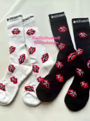 【Xiuxiustudio】Towel-Soled High Tube Pure Cotton Letter Socks for Autumn and Winter, Trendy Striped Embroidered Skateboard Socks for Men and Women