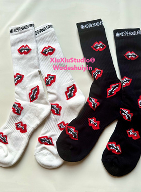 【xiuxiustudio】毛巾底高筒纯棉字母秋冬潮袜男女条纹刺绣滑板袜