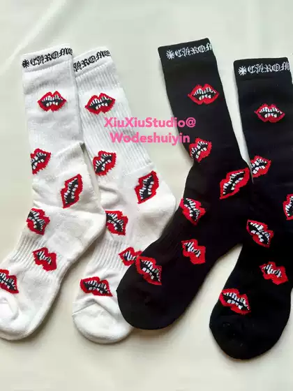 【Xiuxiustudio】Towel-Soled High Tube Pure Cotton Letter Socks for Autumn and Winter, Trendy Striped Embroidered Skateboard Socks for Men and Women