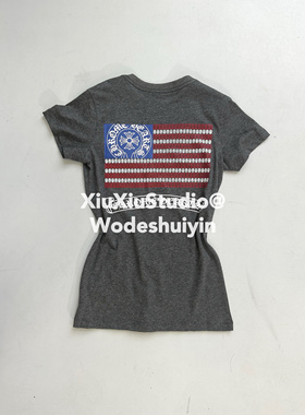 Xiuxiustudio自主美式星条旗复古v领印花短袖T恤女修身显瘦上衣潮