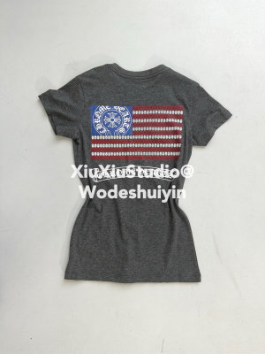Xiuxiustudio自主美式星条旗复古v领印花短袖T恤女修身显瘦上衣潮