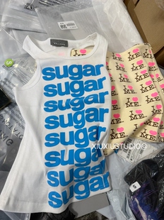 【xiuxiustudio】as sugar满印字母印花短款纯棉无袖工字背心潮