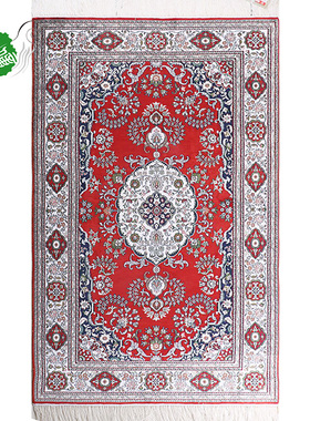 亿丝91x152cm波斯地毯红色手工丝毯客厅植物花卉欧美手工真丝地毯