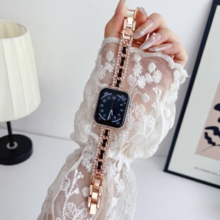 细双排牛仔链镶钻表带适用苹果Apple手表s10 s11腕带iwatch6789SE