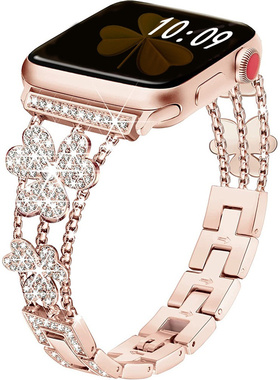 适用苹果iwatch s10镶钻手表表带Apple Watch 9876se幸运三叶草女
