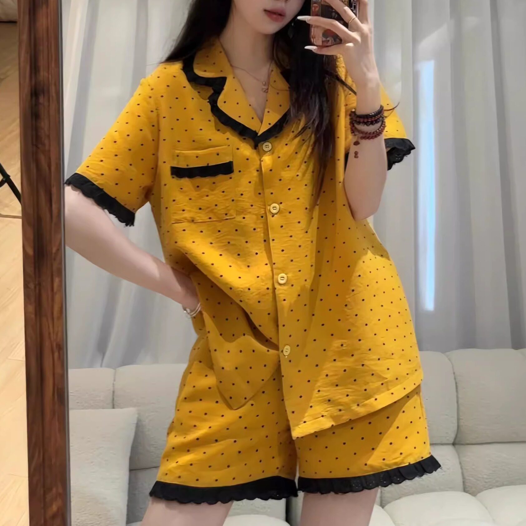 纯欲风蕾丝花边短袖睡衣女夏季