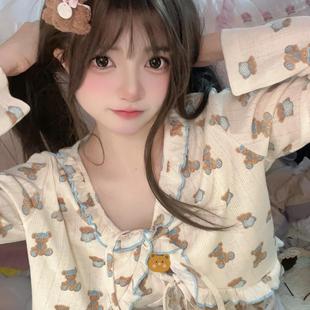 家居服套装 甜美可爱小熊睡衣女款 ins少女长袖 夏季 可外穿 2025新款