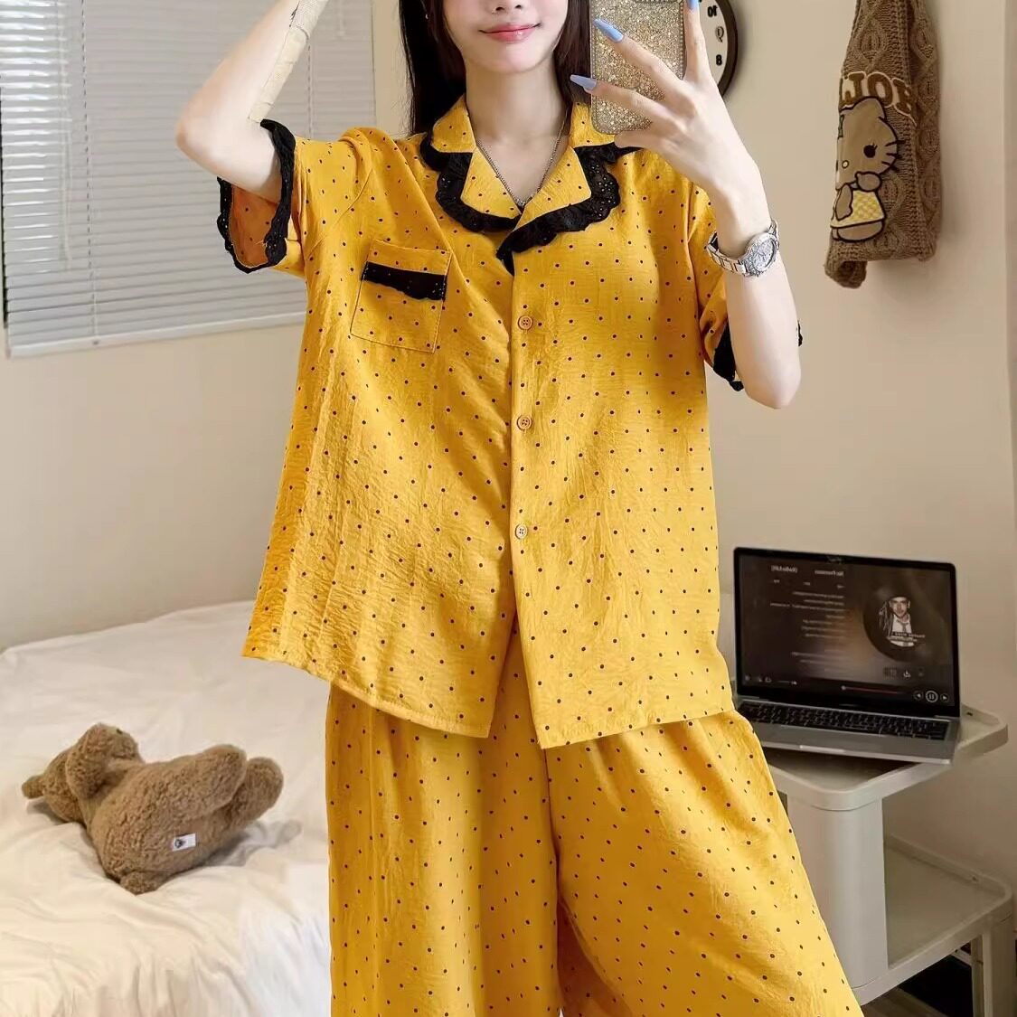 黄色波点云朵棉甜美蕾丝开叉睡衣