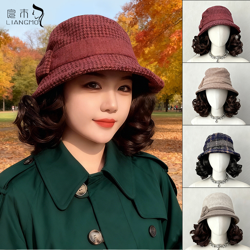 千鸟格八角帽短卷发保暖时尚