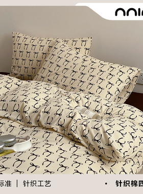 Minimal黑色蝴蝶结｜新款ins极简A类针织棉全棉三件四件套床单笠