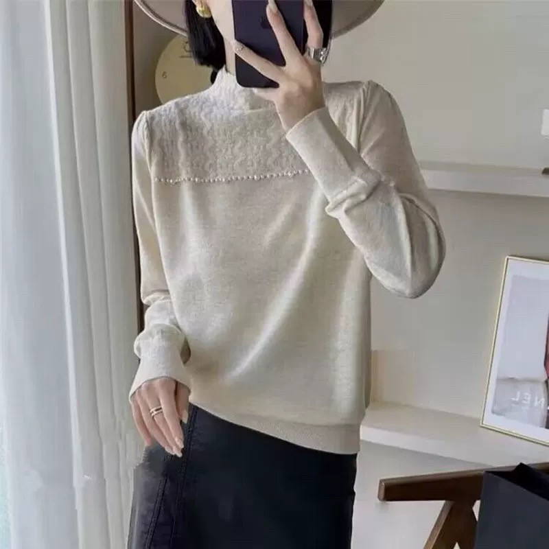 半高领蕾丝打底衫女内搭毛衣2024秋冬新款时尚洋气钉珠针织衫上衣