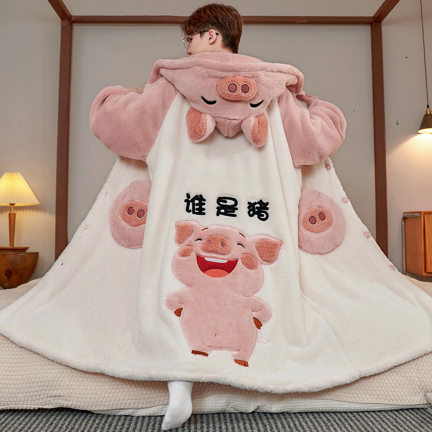 秋冬季珊瑚绒睡衣男士睡袍保暖加厚青少年男孩卡通可爱浴袍家居服