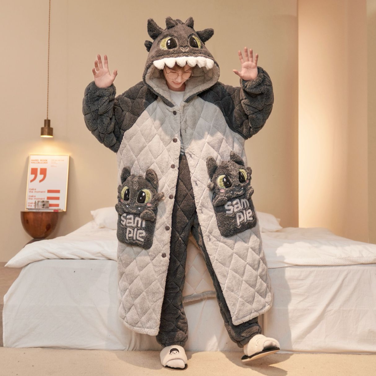青少年大码睡袍珊瑚绒三层