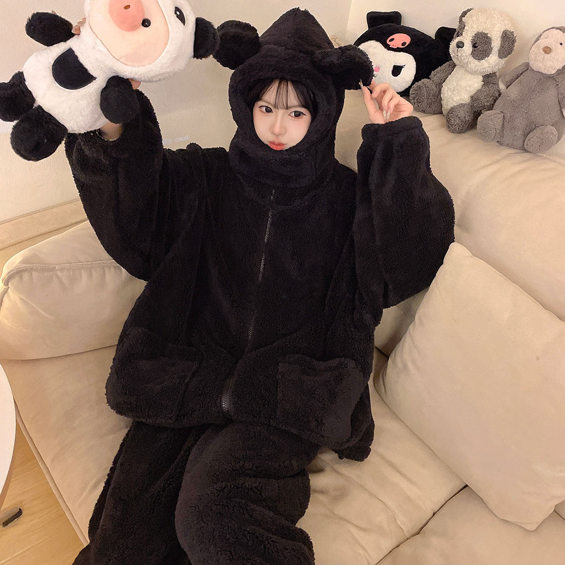 睡衣女冬季珊瑚绒纯色可爱