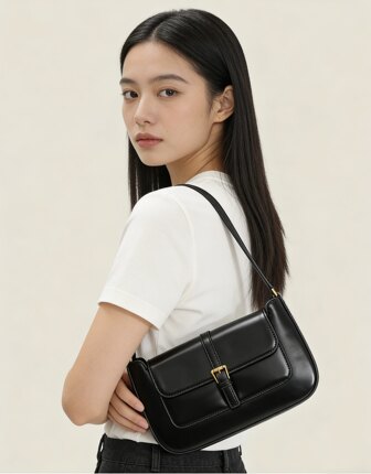 2026新款轻奢牛皮翻盖搭扣单肩手提小众复古腋下包女高级通勤法棍