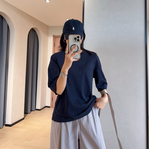 WTHEONE设计感小众拼接落肩袖宽松显瘦高弹纯色圆领T恤女2026新款