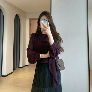 法式优雅可拆卸立体花朵雪纺飘带V领衬衫灯笼袖上衣女2026秋新款