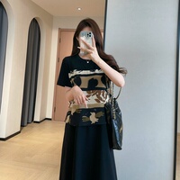 WTHEONE贵气老钱假两件小黑裙中长款复古印花连衣裙女2026新款夏