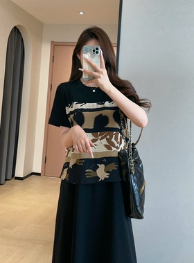 WTHEONE贵气老钱假两件小黑裙中长款复古印花连衣裙女2026新款夏