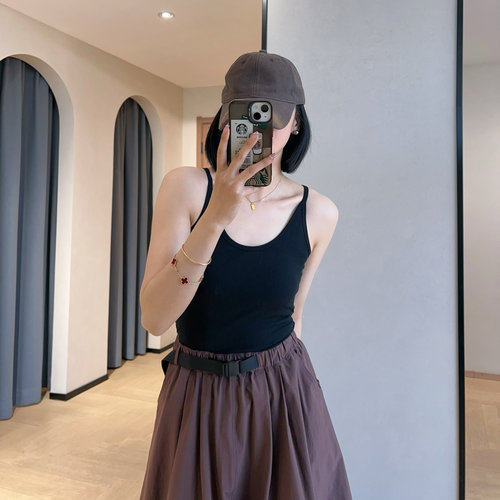 WTHEONE弹力螺纹纯色工字吊带显瘦辣妹U领背心带胸垫一体女2025夏