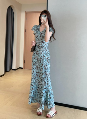 WTHEONE雾霾蓝水墨晕染印花鱼尾裙中长款荷叶袖连衣裙女2026新款