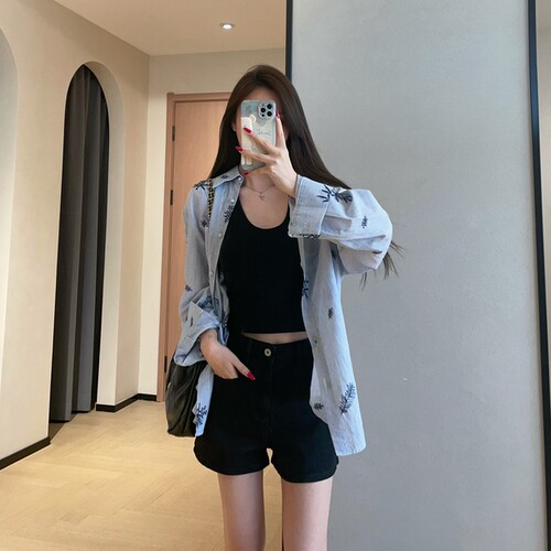 WTHEONE清新文艺感植物刺绣条纹宽松显瘦纯棉长袖衬衫女2026新款