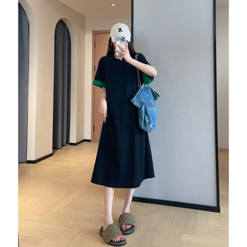 WTHEONE慵懒风显瘦藏肉撞色短袖T恤裙小个子中长款连衣裙女2026新