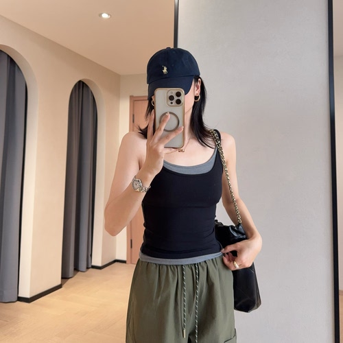 WTHEONE高品质桑蚕丝带胸垫假两件撞色弹力显瘦打底吊带背心春夏