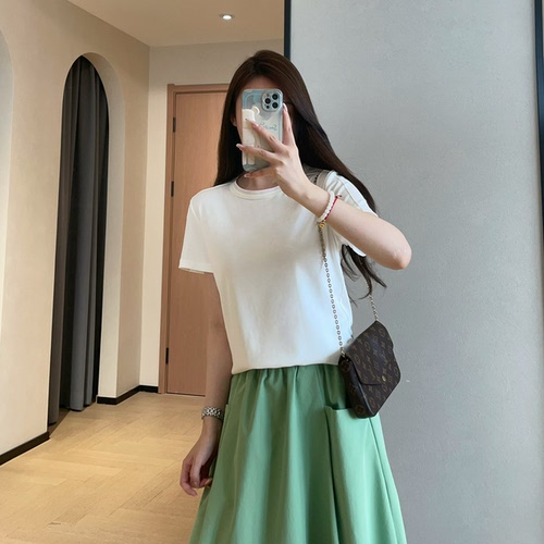 WTHEONE高品质天丝棉显瘦正肩彩虹撞色包边圆领短袖T恤女2026新款