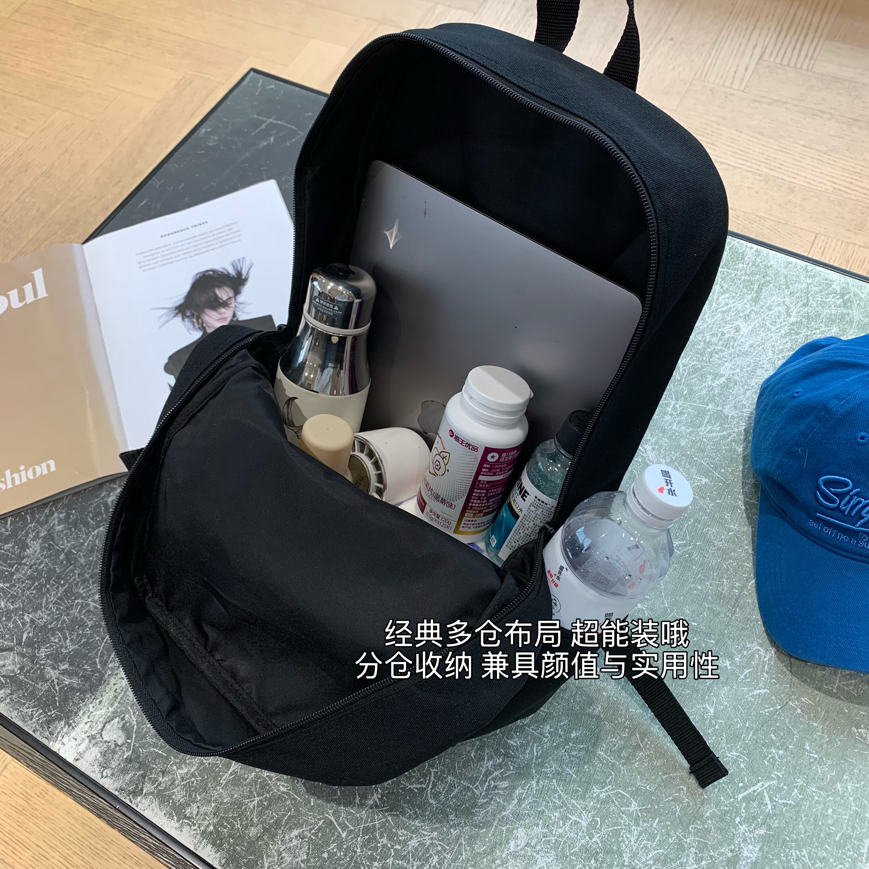 WTHEONE柜上1900+日本单轻量耐磨防水收纳分仓学生书包黑色双肩包